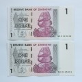 UNC Set of Two 1 Dollars Zimbabwe #N0044
