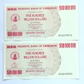 UNC Set of 500 Million Dollars Bearer Cheque Zimbabwe Note #N0048