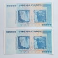 UNC Set of 2 AA  100 Trillion Dollar Zimbabwe Note in Sequence #N0050