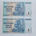 UNC Set of 2 AA  100 Trillion Dollar Zimbabwe Note in Sequence #N0050