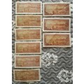 Collection of 9 old South Africa one rand bank notes.