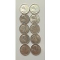 South Africa collection of 10 silver one rand coins. One bid takes all.
