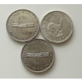South Africa collection of 3 silver 5 Shillings. 1960x2 and a 1953.