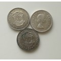 South Africa collection of 3 silver 5 Shillings. 1960x2 and a 1953.