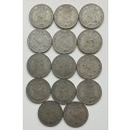 South Africa collection of 14 silver half crowns. 195.20 grams.