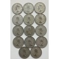South Africa collection of 14 silver half crowns. 195.20 grams.