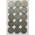 South Africa collection of 15 Two Shillings. 167.37 grams.