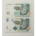 South Africa TT Mboweni collection of 2 old R10 bank notes.
