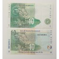 South Africa TT Mboweni collection of 2 old R10 bank notes.