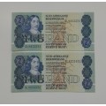 South Africa collection of UNC Consecutive number G de Kock R2 bank notes.