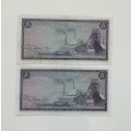 South Africa collection of 2 de Jongh old R5 bank notes. Good condition.