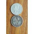 Southern Rhodesia 1935 and 1936 Silver Three pence coins.