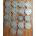 South Africa collection of 18 silver two Shillings. 200.56 grams.