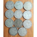 South Africa collection of 11 Silver Two Shillings. 122.45 grams.