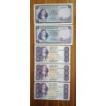South Africa collection of 5 old R5 bank notes.