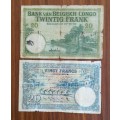 Belgium Congo collection of 2 old bank notes.