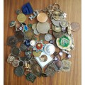 Large collection of medals, pins, tokens and costume jewelry.