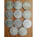 South Africa collection of 11 Silver 5 Shillings. One bid takes all.