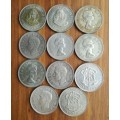 South Africa collection of 11 Silver 5 Shillings. One bid takes all.