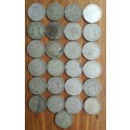 South Africa collection of 25 Silver Two Shillings. 279.73 Grams.