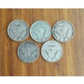 South Africa 1932-1936 Silver Threepence coins.
