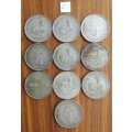 South Africa collection of 10 Silver 5 Shillings. One bid takes all.