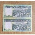 Replacement Swaziland 2 UNC Consecutive number 5 Liliageni Bank Notes. (584-585)