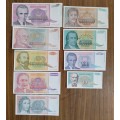 Jugoslavije Collection of 9 Different Denomination Old Bank Notes.