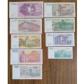 Jugoslavije Collection of 9 Different Denomination Old Bank Notes.