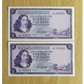 South Africa 2 UNC Consecutive number de Jongh R5 Bank Notes. (424-425)