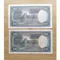 Rhodesia collection of 2 Old 10 Dollar Bank Notes.