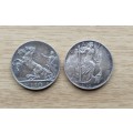 Italy 1927 and 1936 Silver 10 Lira Coins.