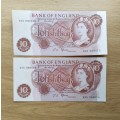Great Britain 2 Consecutive Number old Ten Shillings Bank Notes. Great condition.