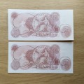Great Britain 2 Consecutive Number old Ten Shillings Bank Notes. Great condition.