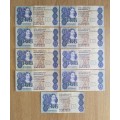 South Africa de Kock Collection of 9 old R2 Bank Notes.