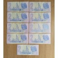 South Africa de Kock Collection of 9 old R2 Bank Notes.
