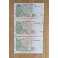 South Africa Gill Marcus 3 Old Consecutive Number R10 Bank Notes. BA (216-218)