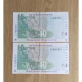 South Africa TT Mboweni 2 Consecutive Number old R10 Bank Notes. (328-329)