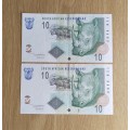 South Africa TT Mboweni 2 Consecutive Number old R10 Bank Notes. (328-329)