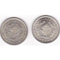 1964 SOUTH AFRICA  FIVE CENTS SILVER (2 COINS - BID  IS PER COIN)