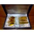 24 CARAT GOLD PLATED CAKE FORKS - SET OF 6 -  SOLINGEN GERMANY  - IN CASE