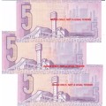1990 FIVE RAND NOTES - CL STALS- -FIRST & ONLY  (3 NOTES)- UNCIRCULATED A-NUMBERS