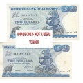 TWO DOLLARS BANK OF ZIMBABWE  - A-NUMBERS - 2 NOTES - YOUR BID TAKES BOTH -Moyana