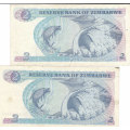 TWO DOLLARS BANK OF ZIMBABWE  - A-NUMBERS - 2 NOTES - YOUR BID TAKES BOTH -Moyana