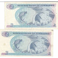 TWO DOLLARS BANK OF ZIMBABWE  - A-NUMBERS - 2 NOTES - YOUR BID TAKES BOTH -Moyana