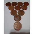 PENNY (SOUTH AFRICA) LOT OF 11 COINS - 1950-1960 (sequenced)