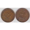 1954 UNION of S A 2 x  1/2 penny  in VF+ grade 1 bid for both