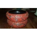 A PAIR OF CHINESE CARVED RED LACQUER POT