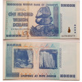Zimbabwe 100 Trillion Dollar Banknotes serial number AA0640670 UNC  2008 issued