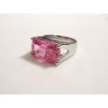 Wow!! Silver Ladies Designer Ring with Large Pink Stone, With Rhodium Finish, See Full Description!!
